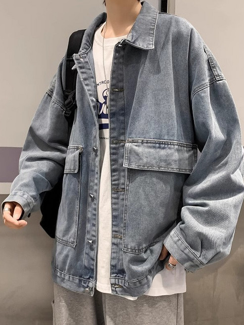 【韓版潮流】牛仔夾克 外套男 夾克男 牛仔外套 春秋外套 寬鬆版型 翻領設計 青少年學生 時尚百搭