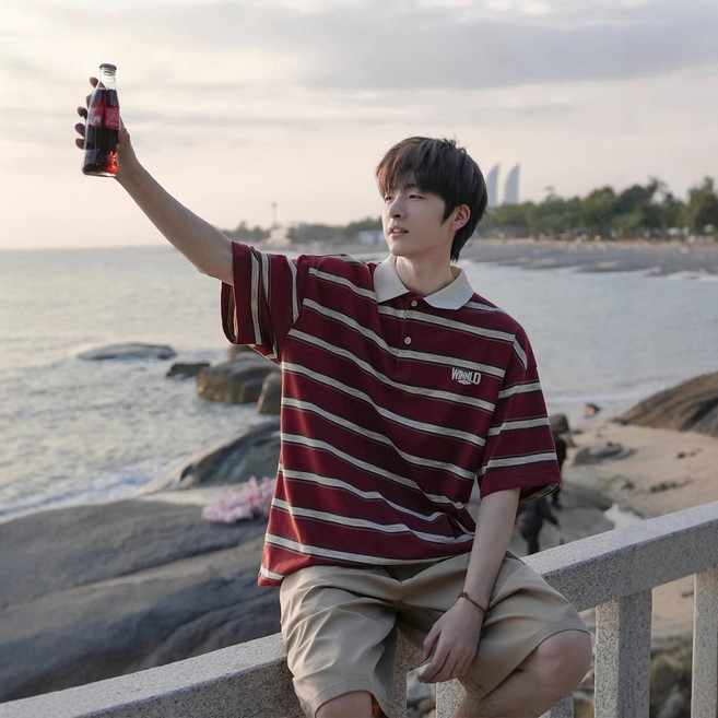 ANYOU 남성 여름 스트라이프 반팔티 셔츠