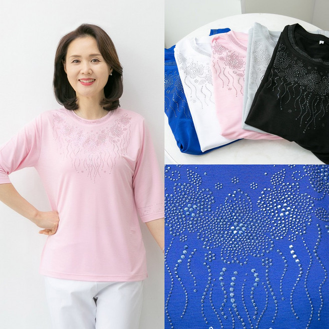 마미소 색동 보석 7부 티셔츠 큐빅 장식 엄마옷 할머니옷 빅사이즈 4060 마담 중년여성 옷