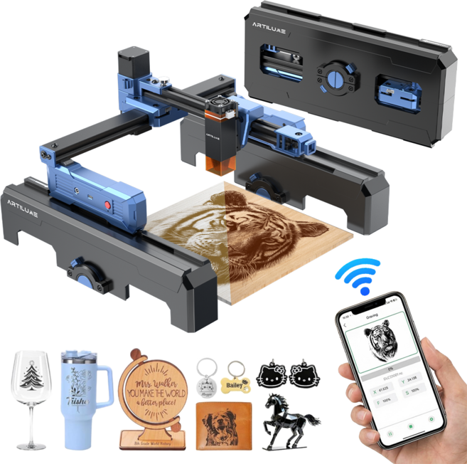 ARTILUME 소형 휴대용 레이저 각인기 조각기 커팅기 금속 아크릴 나무 WIFI 앱 연동 한글 설명서+수납 케이스 T1, 1개
