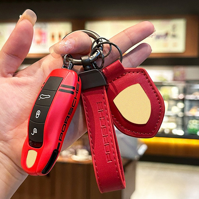포르쉐 차 키케이스 키링 엠블럼 스트랩 세트, 구형포르쉐 키케이스+방패키링+스트랩, 자두레드