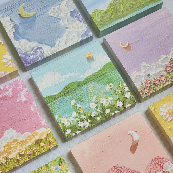 [100매] 유화 떡메모지 감성 메모지 달 꽃 들꽃 하늘 메모지 다꾸 다이어리 꾸미기 예쁜 메모지 학생선물 쪽지 필사 메모 13종, 유화-3