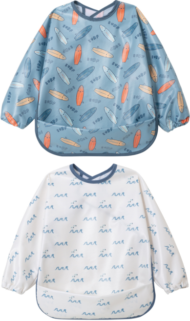 Little Dimsum베이비 긴팔 방수 자기 주도 이유식 턱받이 앞치마 2P 세트, 1개, 2개입, 서핑