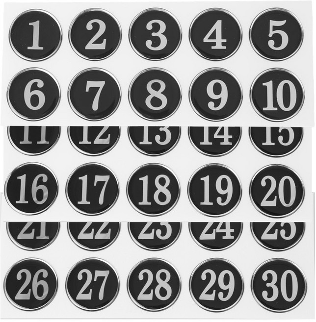 쿤스트마렌 원형 에폭시 테이블 락커 번호 스티커, 1세트, 검정 1~30번 세트