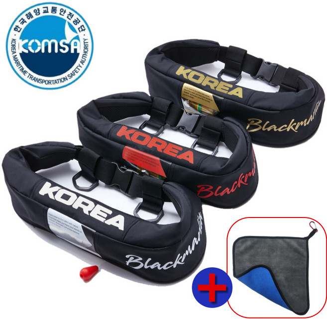 블랙마린 허리벨트형 자동팽창식 구명조끼 FREE 사이즈 국내생산 해양수산부 형식승인 착용성향상형 KOMSA 선상 배 낚시 콤사 갯바위 바다낚시, 블랙(레드)