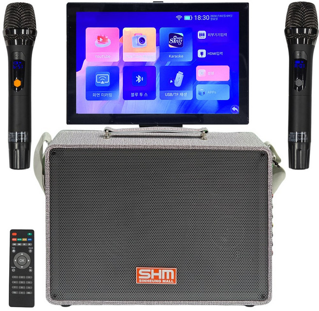 소리통 PAV-6200 충전식 휴대용블루투스 아싸매직씽노래방 MP5 이동식앰프 스피커 무선마이크 2개 150W 화면 미러링 Android/IOS 운영체제 탑재, 단품