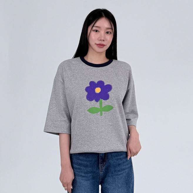 한송이 루즈핏 캐쥬얼 넥라인 배색 라운드 7부 반팔 티셔츠