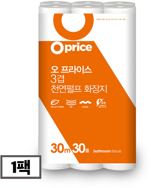 오프라이스 3겹 천연펄프 화장지 30롤 30m 대용량 두루마리 화장지, 1개