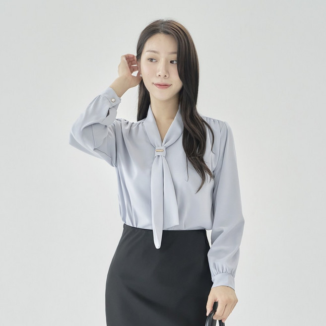 더웨이나인 여성 타이 블라우스 쉬폰 긴팔 리본 프릴 브라우스 모미