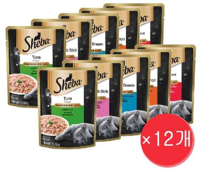 쉬바 고양이 주식 파우치, 참치/도미, 70g, 12개