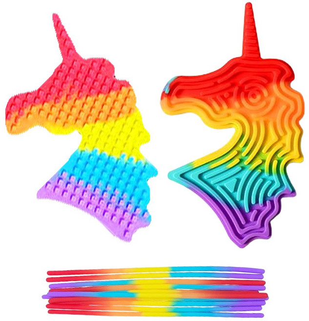 이지유 실리콘 피젯 퍼즐 어린이 손 장난감 레인보우 스트레스 해소 스트링 아트 팝잇 어린이날 선물, 2개, 컬러풀 유니콘