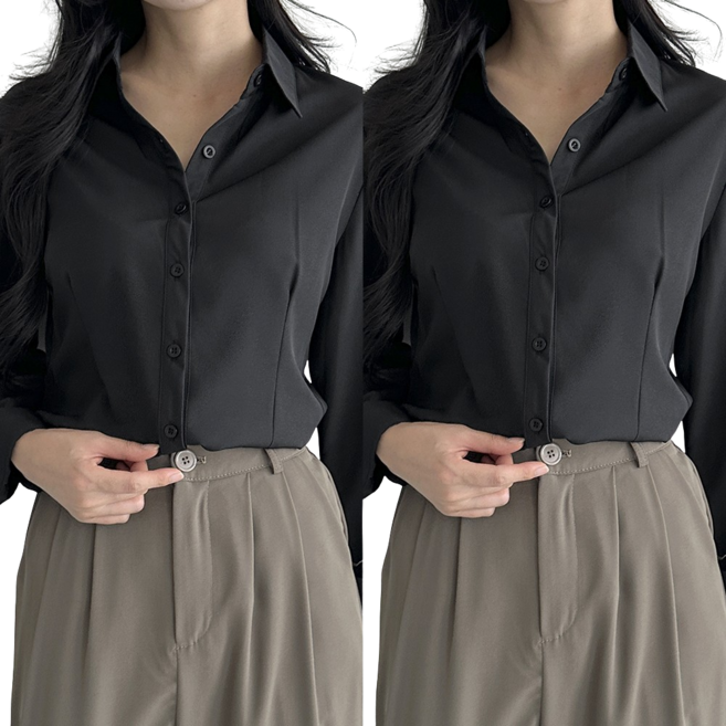 [1+1] 로로비 여성 스판 슬림핏 셔츠 화이트 블랙 블루 핑크 블라우스