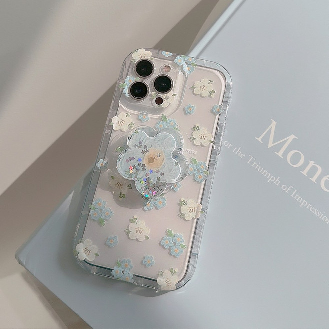 블루 화이트 플라워 젤리 클리어 스마트톡 휴대폰 케이스, 아이폰12 PRO MAX