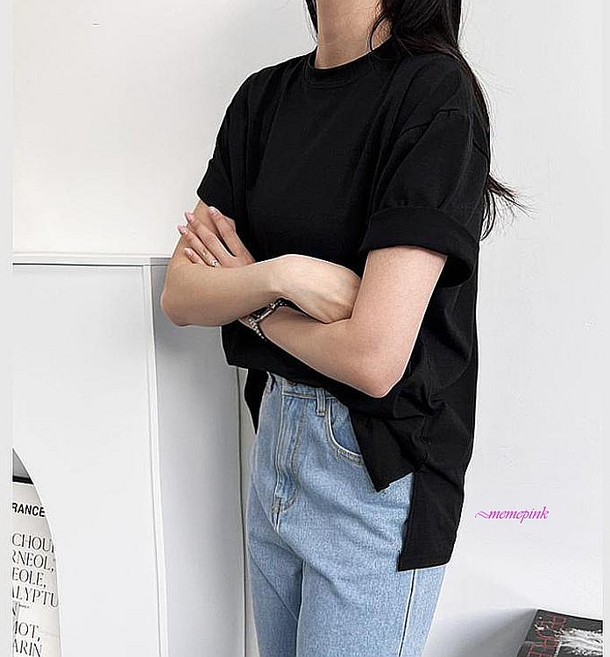 티셔츠 여성 블랙 무지 여자 면티 반팔 트임 언발 흰티 검정 반팔티 화이트 흰색zab161