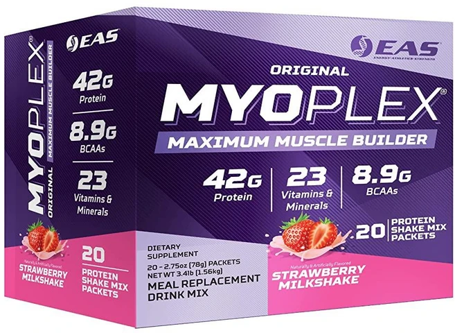 EAS 오리지널 MYOPLEX 맥시멈 머슬 빌더 스트로베리 밀크쉐이크 20패킷 216062, 딸기 밀크쉐이크, 64 Ounce (Pack of 1), 1.56kg, 1개 - 쿠팡