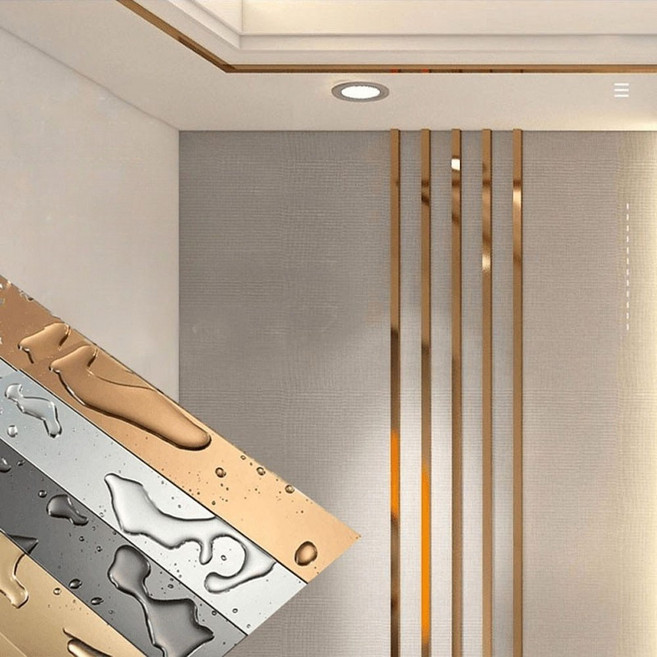 스텐레스 스틸 플레이트 몰딩 배경 벽 몰딩 메탈 접착식 테두리 라인 1롤(폭2.5cm x 길5M), 골드 미러