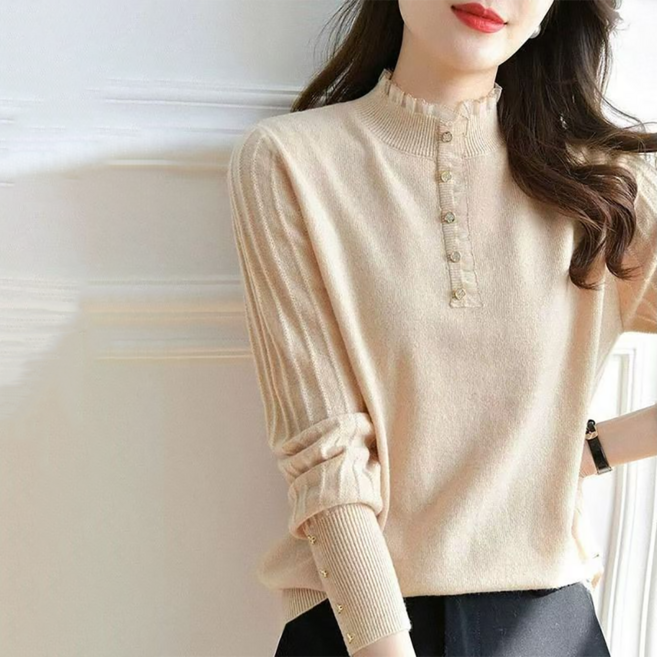 지고다그 여성용 봄가을용 반폴라 니트 블라우스 버튼포인트 슬림핏 데일리 니트티 YY32786