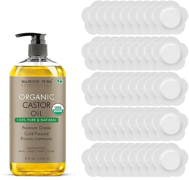 Majestic Pure Organic Castor Oil Patches for Belly Button – 40PCS Reusable Pack Wraps with Cotton Pa, 기본 옵션, 화이트
