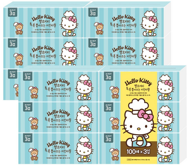 헬로키티 뽑아쓰는키친타올3겹100매, 100매, 12개