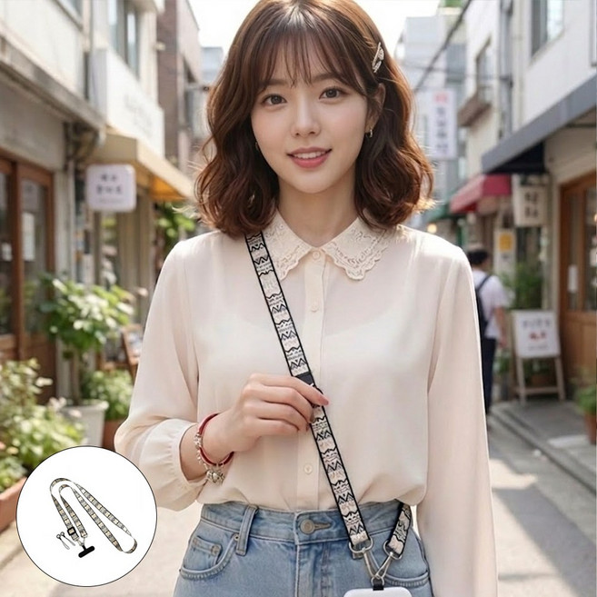 꼬임방지 넓은 2cm 핸드폰 크로스바디 스트랩 어깨편안, 1개, 블랙&화이트