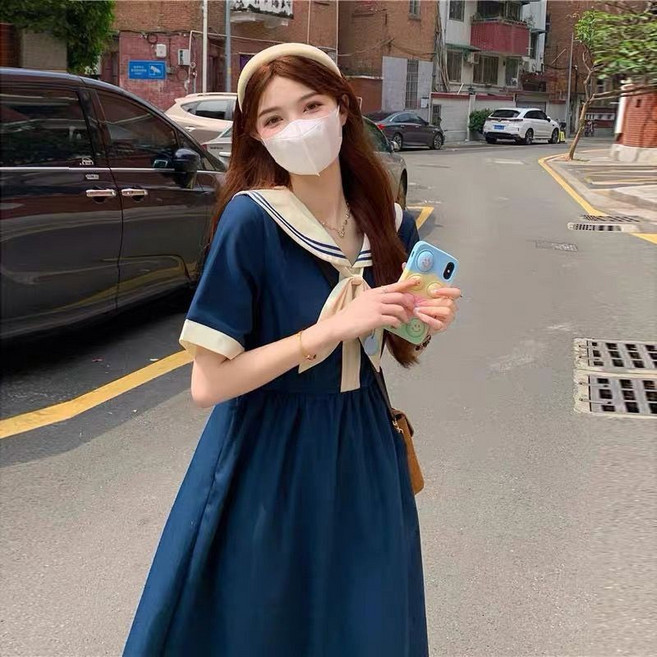 日系學院風 海軍領連衣裙 女 夏季寬鬆連身裙, 藍色,3XL 建議200-250斤, 藍色