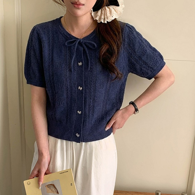 타니즈 이피온 퍼프소매 반팔 리본 펀칭 여성 니트 가디건