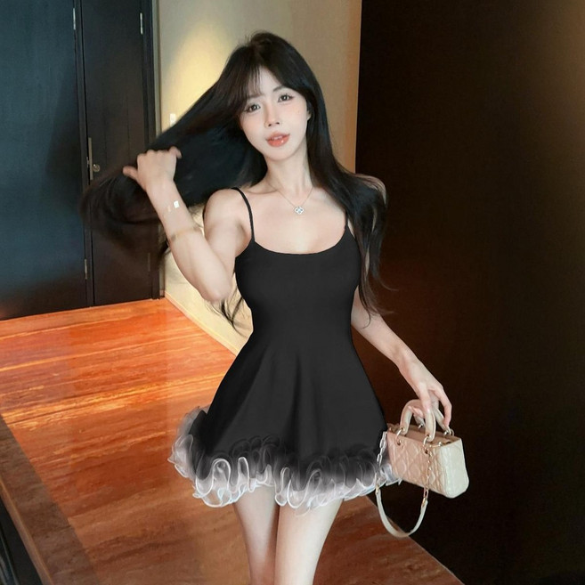 吊帶連衣裙 針織花邊短裙 甜美氣質 收腰顯瘦 小禮服
