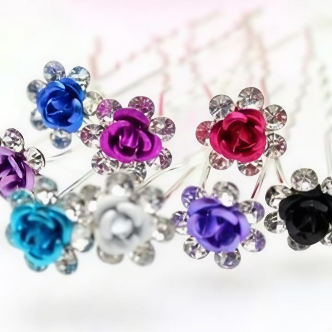 【無品牌】新娘伴娘玫瑰花髮釵7鑽U型髮簪髮針盤發頭飾配飾珠飾, 1個, 7鑽黑色:無尺寸