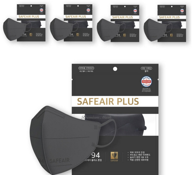 KF94 마스크 국내생산 새부리형 6컬러 대형 50매 숨쉬기편한 귀가편한 세이프에어 플러스, 시크그레이, 5세트, 10매입