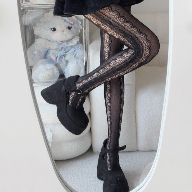 蕾絲花瓣網眼鏤空連褲襪春秋薄款洛麗塔絲襪配長筒靴