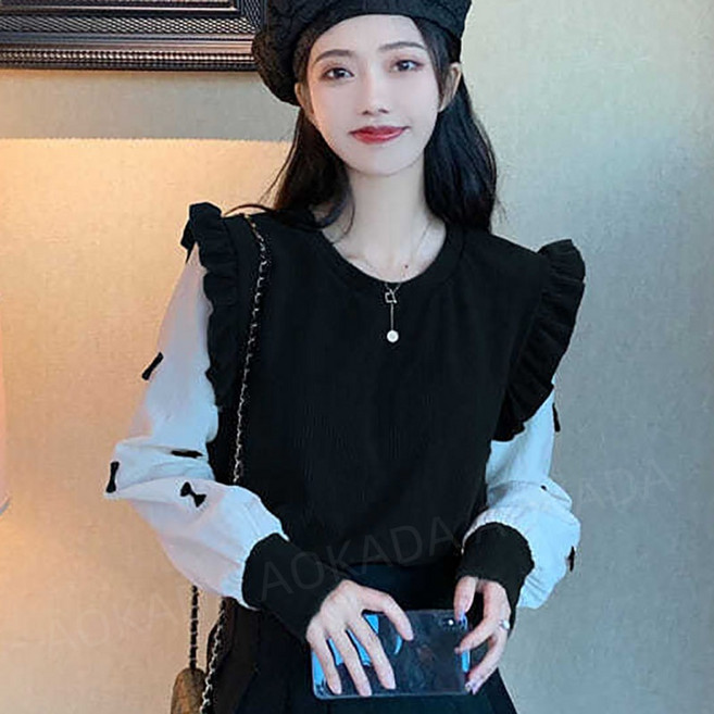 AOKADA 여성 봄 가을 루즈핏 라운드넥 퍼프 소매 어깨 프릴 니트 블라우스 긴팔티