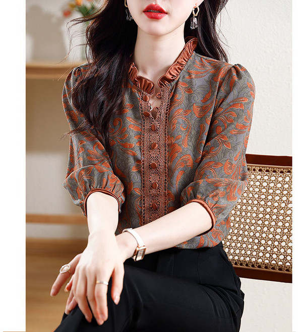 COSYEVNO 여자 여름 셔츠 프린팅 중장년 엄마옷 미디 소매 루즈핏 상의