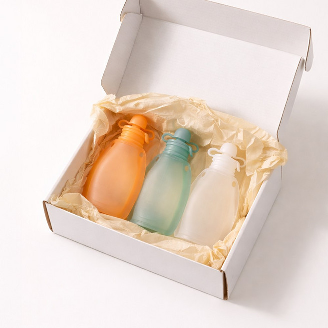 순수소 실리콘 유아식 이유식용기 퓨레 스무디 밀폐 냉장 냉동 모유 보관백 세트, 1세트, 오렌지,민트,화이트, 120ml