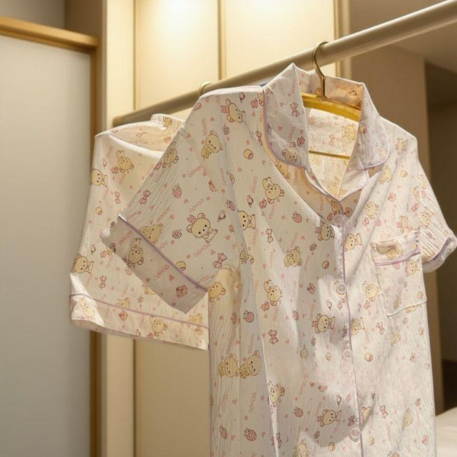 雲朵棉紗感小熊短袖睡衣女夏季薄款甜美家居服套裝