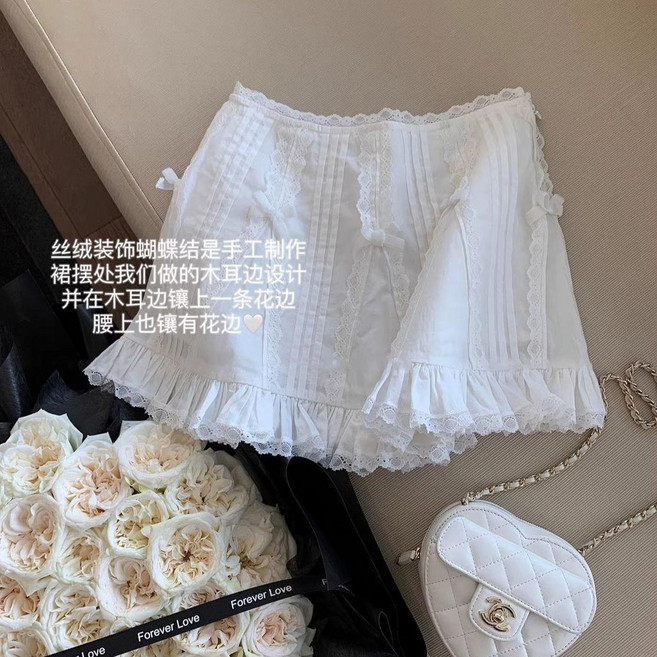 法式甜美壓褶蕾絲木耳邊短裙