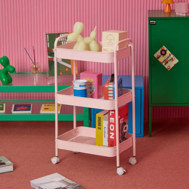 비아베네또 이동식 트롤리 틈새 선반 수납 철제 바퀴 미니 트롤리 3단, 핑크