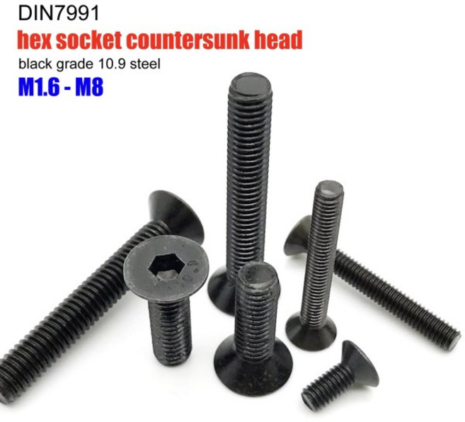 M1.6 M2 M2.5 M3 M4 M5 M6 M8 검정색 등급 10.9 강철 DIN7991 육각형 육각 소켓 헤드 플랫 카운터싱크 알렌, 07 8mm