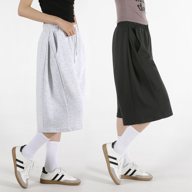 오버나인 여자 여성 특양면 옆턱 라인 스웻팬츠 밴딩 와이드 트레이닝 버뮤다 반바지 팬츠 INT-07