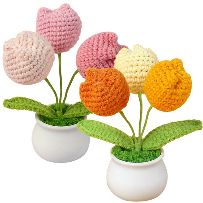 디어플레이스 니트 크로쉐 화분 장식 인테리어 2종 세트, 1개, 핑크 & 오렌지 튤립