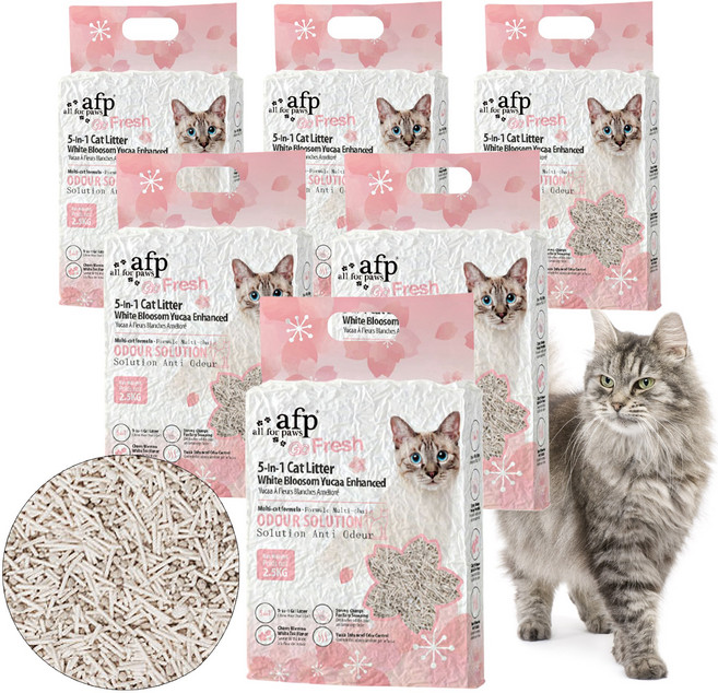 [신상출시!]All For Paws 고양이 5in1 혼합 두부모래 백차유카 탈취 1.5mm 가는입자 변기에 버리는 먼지없는 모래, 벚꽃향, 6개, 6L