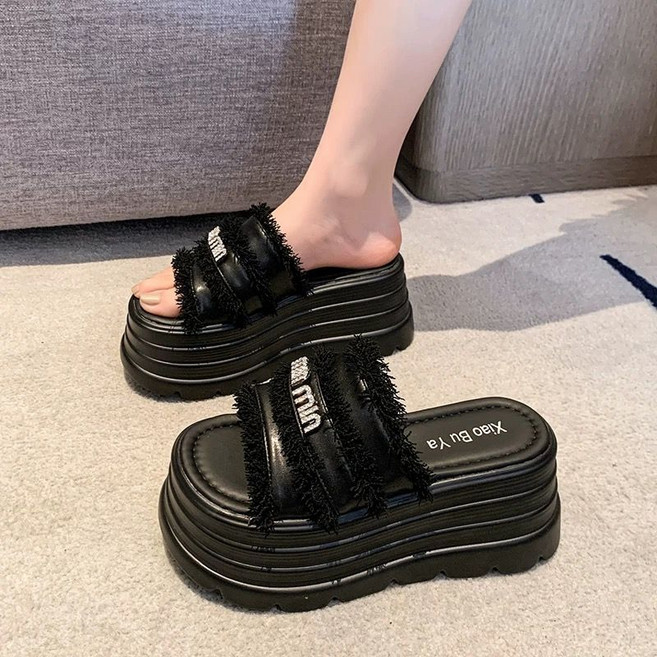 셀럽당 트위드 8cm 여름 통굽 슬리퍼