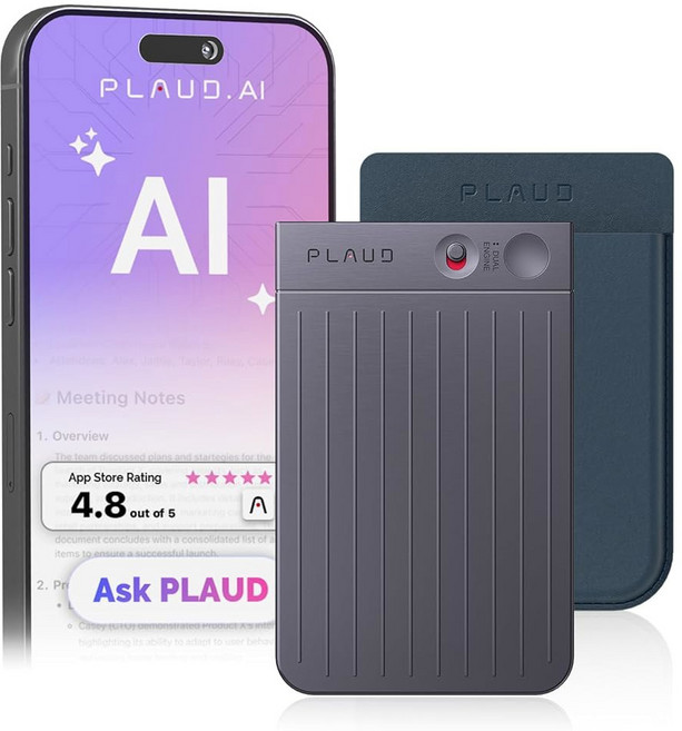 AI 음성 녹음기 PLAUD 노트 필기 장치 전사 및 요약 112개 언어 지원 강의 회의 통화를 위한 64GB 블랙 디지털 오디오 마그네틱 다크 블루 케이스, Black