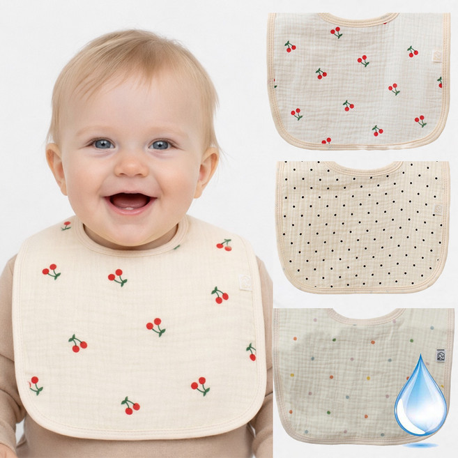 (3개/1set) 불로홈 요루 6중 거즈 아기 방수 턱받이 3종 U자형 건조기 사용가능