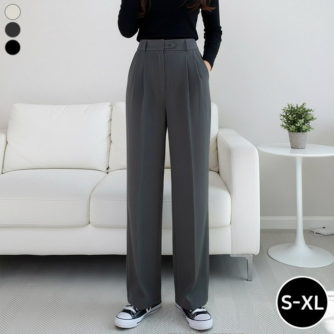 블레스유 핏존예 고퀄리티 여성 사이드버튼 투핀턱 와이드 일자 슬랙스 팬츠