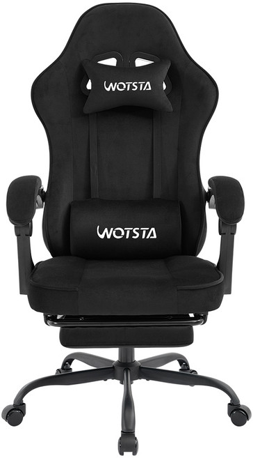 WOTSTA 벨벳 게이밍 의자 플러시 사무용 컴퓨터의자 발받침포함, 블랙