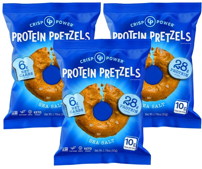 크리스프파워 프로틴 프레첼 씨솔트맛 단백질 보충 건강 스낵, 3개, 50g - 쿠팡