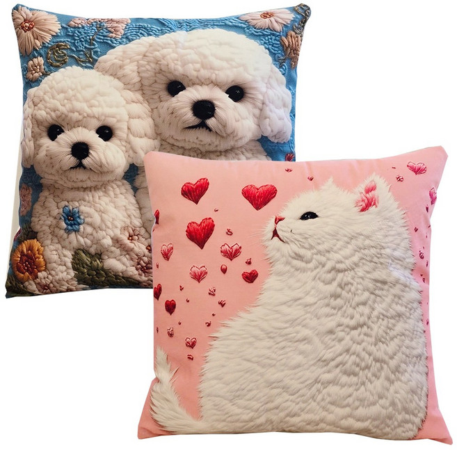 애니 쇼파쿠션커버 2개 실제같은 강아지 고양이