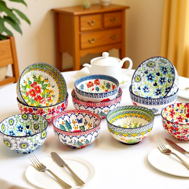 플라워가든 도자기 공기 대접 10P세트 밥그릇 국그릇 폴란드풍, 1세트, 공기5개+대접5개, 혼합