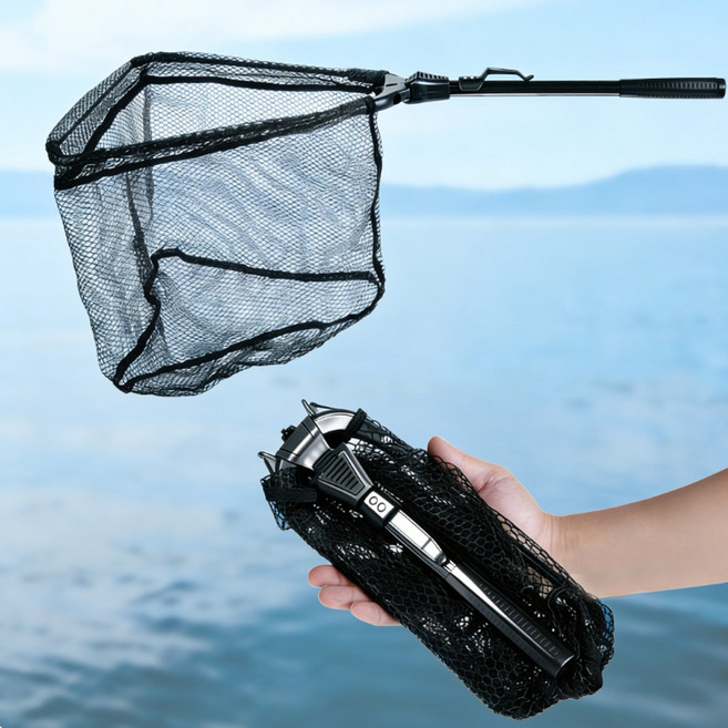 LxU 원터치 접이식 낚시 뜰채 알루미늄 삼각 랜딩넷 바다 민물 해루질 용품, 1개, 검정색
