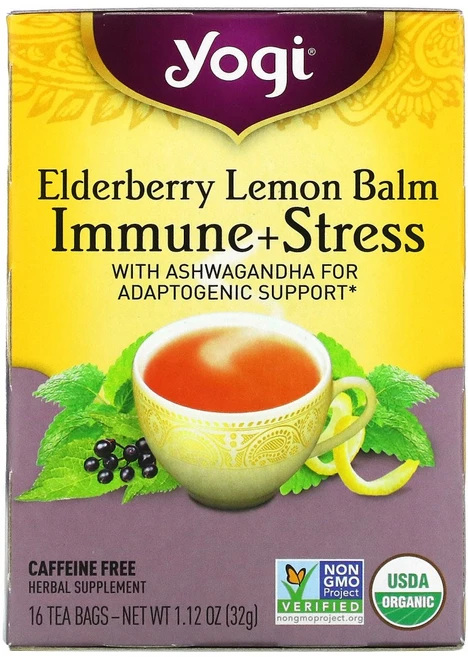Yogi Tea 엘더베리 레몬 밤 면역 + 스트레스 무카페인 16 티백 (32 g), 32g, 2개, 16개입 - 쿠팡